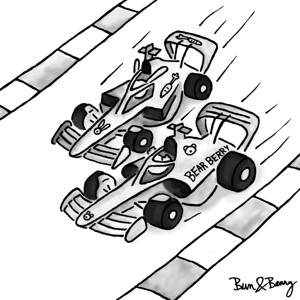 Comic of Bun, a bunny, and his friend Beary, a Bear, racing and competing against each other in Formula 1 cars .Racing hard. Who will win? 🐰&🐻/🏎Bun&Beary in F1 cars.