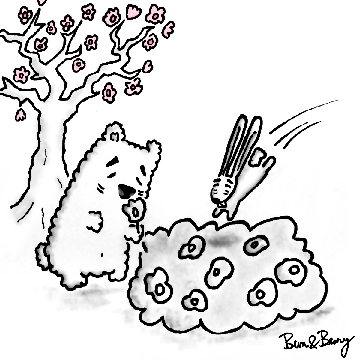 Spring Cartoon with Bun and Beary, the comics characters.Spring is finally here! 🐰&🐻/🌸Bun jumping into a flower bush. Beary smelling a flower. Cherry tree blossoming in the background.