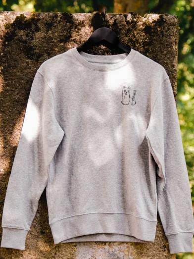 Front view of a Dropped Shoulder Sweatshirt designed of Men/ Unisex, heather grey, french navy fabric, 85% organic cotton