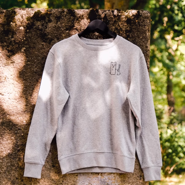 Front view of a Dropped Shoulder Sweatshirt designed of Men/ Unisex, heather grey, french navy fabric, 85% organic cotton