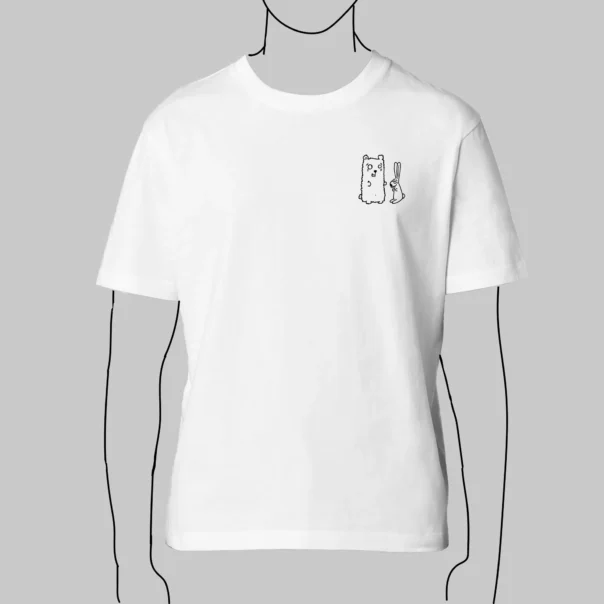 Front view Man's White T-Shirt, drop sleeves, 100% organic cotton, Bun&Beary