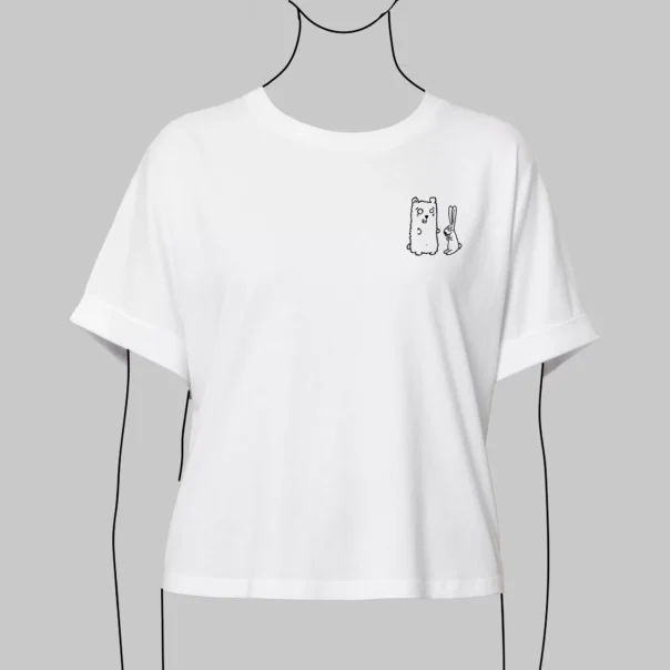 Front view of Women's White T-shirt, 100% organic cotton, rolled sleeves, oversized, sizes from XS to XL, back longer than front, Bun&Beary