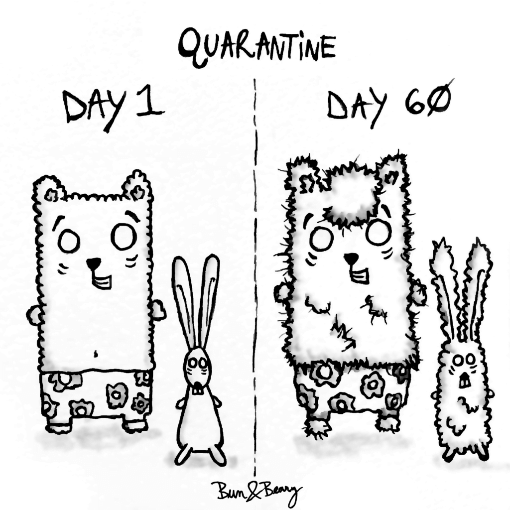 Well… do you also need a haircut? 🐰&🐻Bun&Beary on day 1 of the quarantine and day 60, when their hair has grown.Black& White Comic of Bun, a bunny, and Beary, a bear, to fluffy cartoonish characters that didn't get a haircut during quarantine