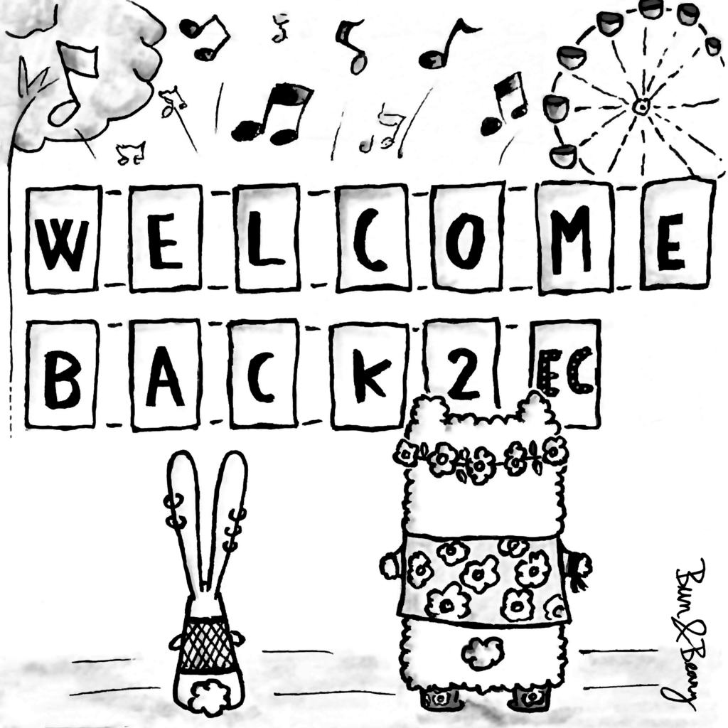 EC Festival Comic: Bun, the bunny, and Beary, the bear, all dressed up for the Electric Castle Music Festival, black & white.Missing all the festivals that should have taken place this summer... 🐰&🐻/ 🎶A sign saying welcome back to Electric Castle festival. Bun&Beary dresses boho chic for the festivals.