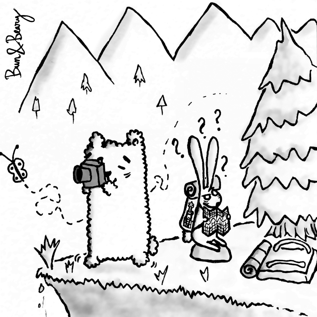 Black&White Comic of Bun, the bunny, and Beary, the bear, going
Summer snapshots: Going hiking 🐰&🐻/⛰️Beary almost falling of the clift while trying to take a photo of a butterfly. Bun looking confused at the map.