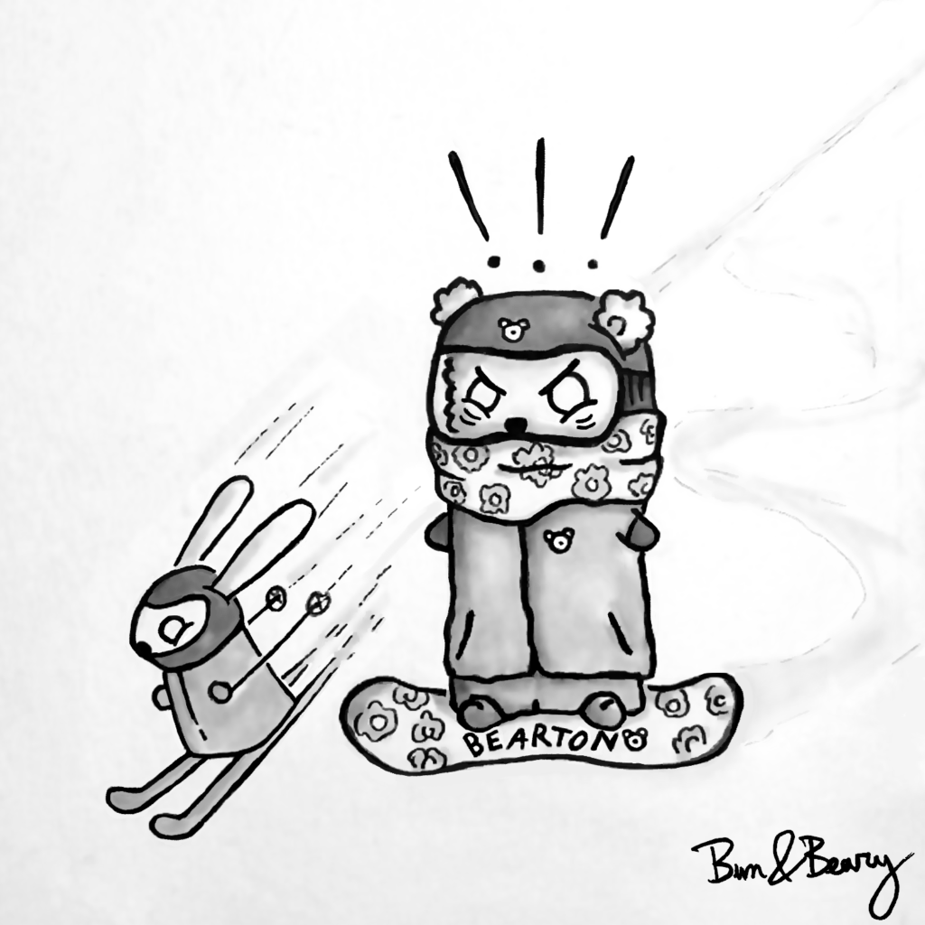 Winter Sports Comic: Hitting the slopes 🐰&🐻/⛷🏂Bun skiing, cutting Beary's path. Beary on a snowboard, angry at bun.