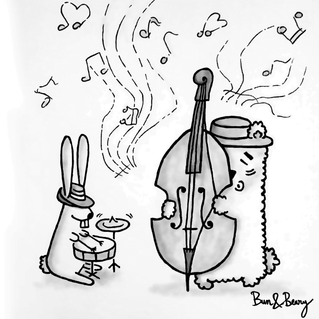 Playing Live Music Comic:
Missing all the live performances and the artsy atmosphere that fuels our creativity 🐰&🐻/🎷Bun&Beary singing jazz at musical instruments. Bun, the bunny, drumming, Beary, the bear, playing the doublebass.