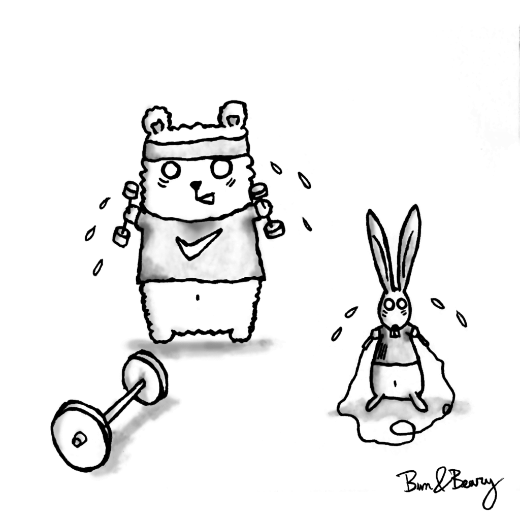 Workout Cartoon of a bear and a bunny. Black & White Comic - Lockdown habits: workout 🏋️‍♂️ Everyone does it, why shouldn't we. 🐰&🐻Bun and Beary working out at home.