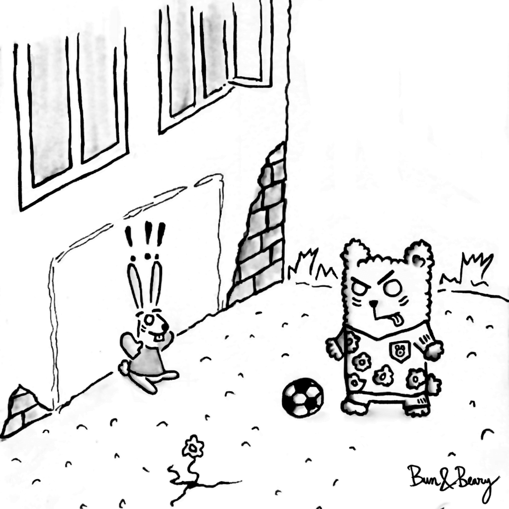 Playing Football Comic: Dream big! 🐰&🐻/⚽️Bun&Beary playing football in an inner courtyard, training for the Start of Season. Bun, the bunny, is the goalkeeper, and looks unsure of being able to catch the ball. Beary is the striker and has a confident look, preparing to hit the ball.