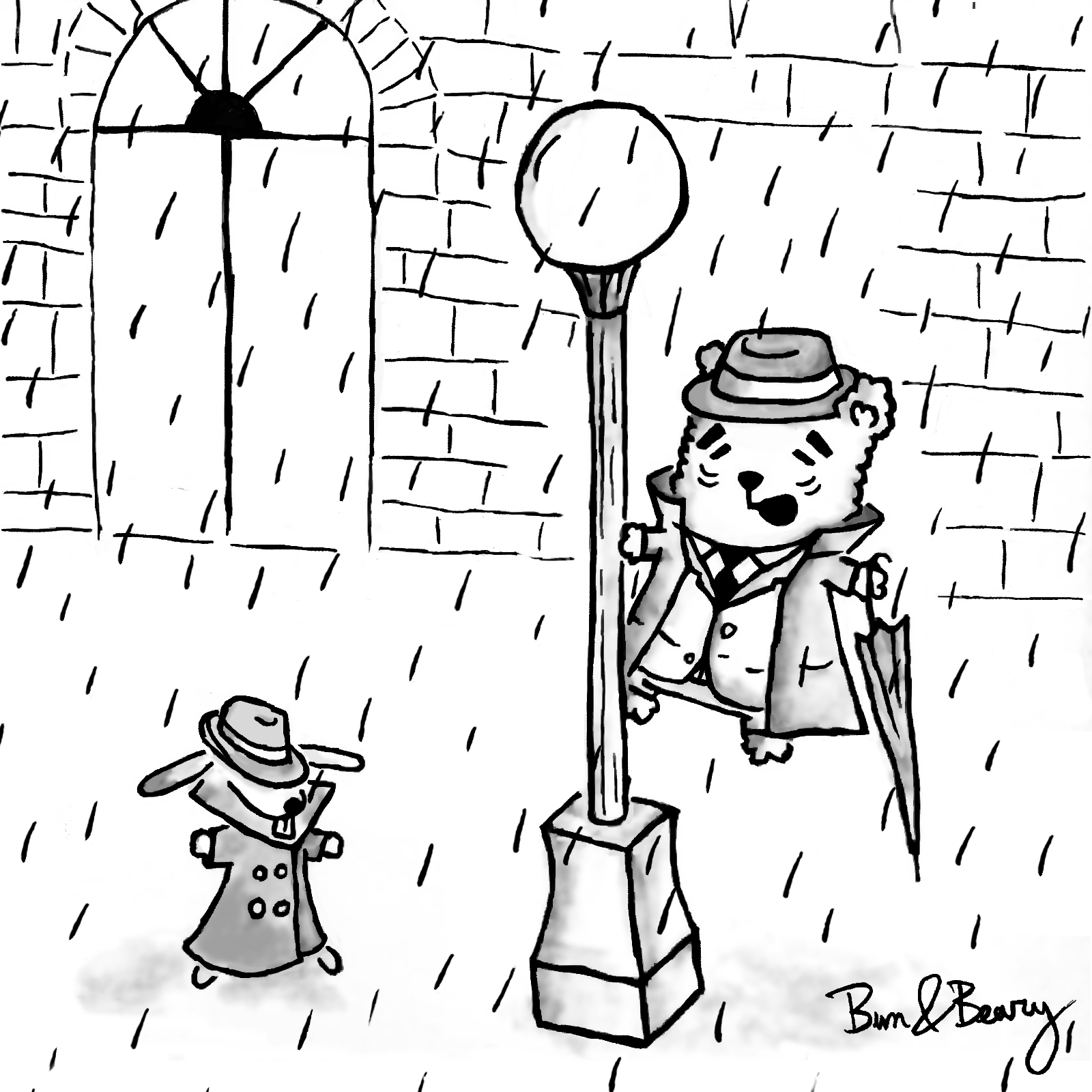 Singin' in the rain comic: And… we’re singin’ in the rain 🐰&🐻/🌂🎶Classic image from the 1952 movie Singin' in the Rain starring Gene Kelly and Debbie Reynolds.
Bun and Beary, a bunny and a bear, recreating the iconic movie scene