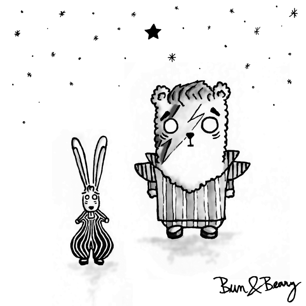 75 years of David Bowie. The Starman is waiting in the sky 🐰&🐻/👨‍🎤Bun&Beary dressed in 2 of the iconic Bowie outfits.