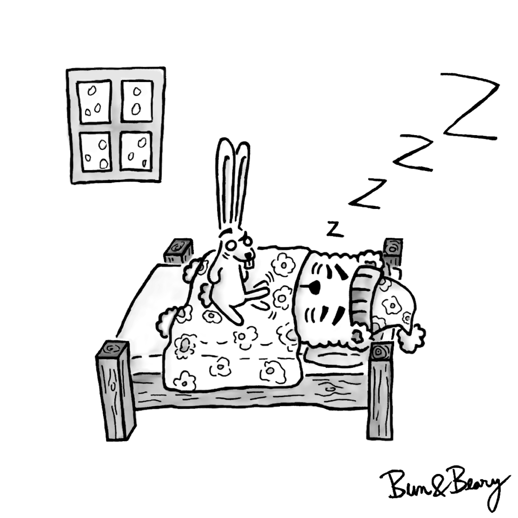 Hibernating Comic: When it’s already February, but you’re still… hibernating 🐰&🐻/💤Bun trying to wake up Beary, but Beary's in a deep sleep.