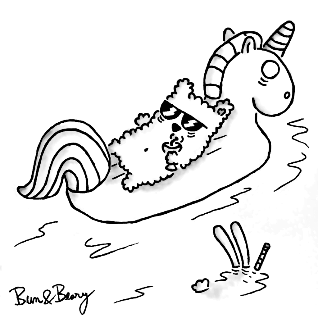 Summer chilling 🐰&🐻/🤿🦄🍹Beary floating on an unicorn, drinking a cocktail. Bun doing scuba diving. Black & White Cartoon