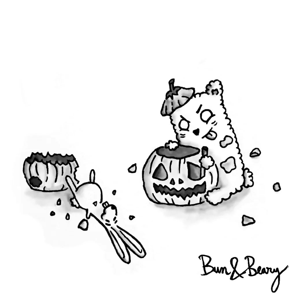 Prepping up for Halloween… 🐰&🐻/🎃Halloween Black & White Comic:
Beary carving a pumpkin for Halloween. Bun has eaten it and is lying down full.