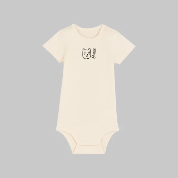 Front view of baby bodysuit, for newborns and children up to 2 years old, shoulder and diper snaps, 100% organic cotton, Bun&Beary