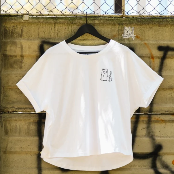 Front view of Women's White T-shirt, 100% organic cotton, rolled sleeves, oversized, sizes from XS to XL, back longer than front, Bun&Beary