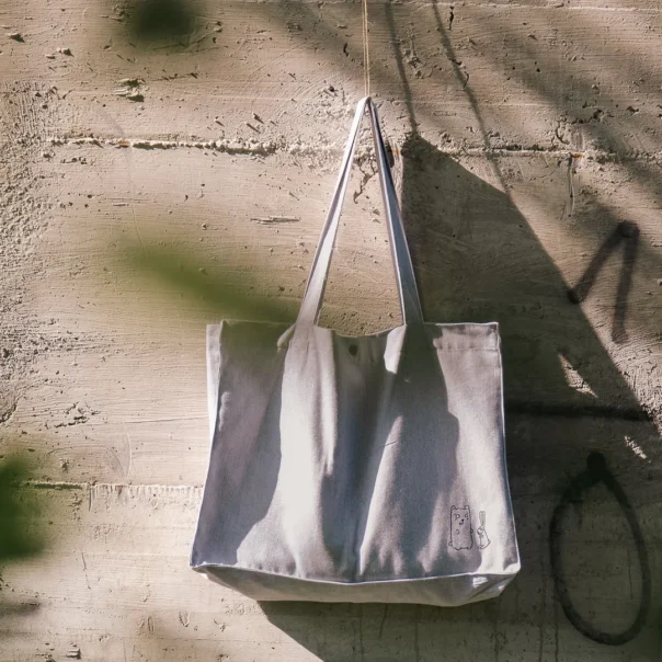 Large personalised heather grey shopping bag, recycled cotton and polyester, inner pocket, top button, 39cm x 49cm x 14cm