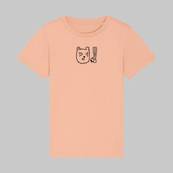 Front view of kids T-shirt with Bun&Beary logo, 100% organic cotton, fraiche peche color