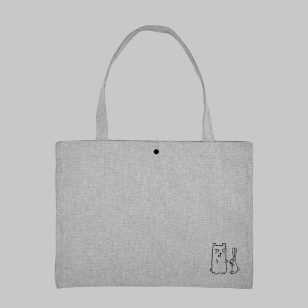 Large personalised heather grey shopping bag, recycled cotton and polyester, inner pocket, top button, 39cm x 49cm x 14cm