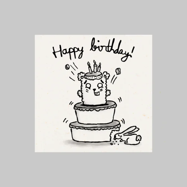 Happy Birthday Card Front View by Bun&Beary animation, bear and bunny birthday cake cartoon, print, 100% sustainable recycled paper