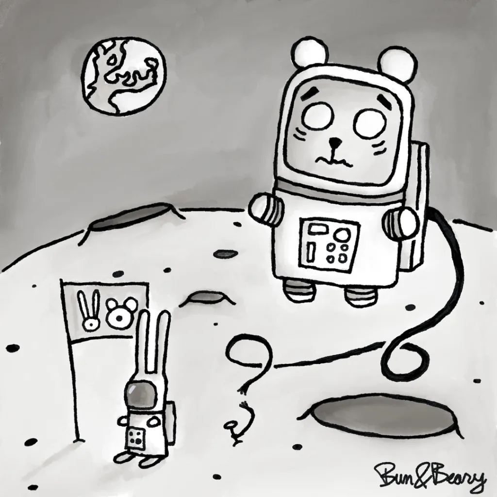 Bun and Beary in astronaut suites on the moon. The line that's holding Beary is broken... and he's a little panicked.