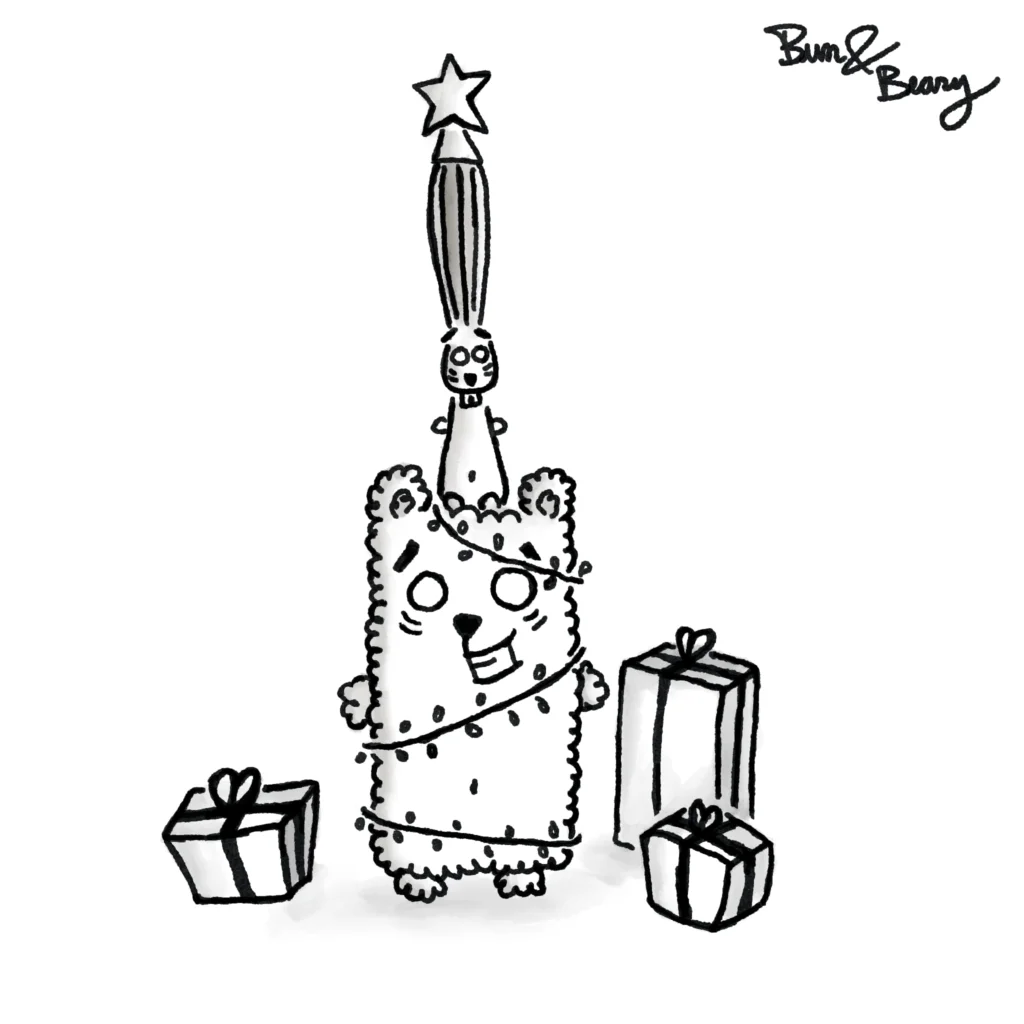 Beary having the christmas light installation wrapped around him, Bun on top of him, having an star on top of the ears.