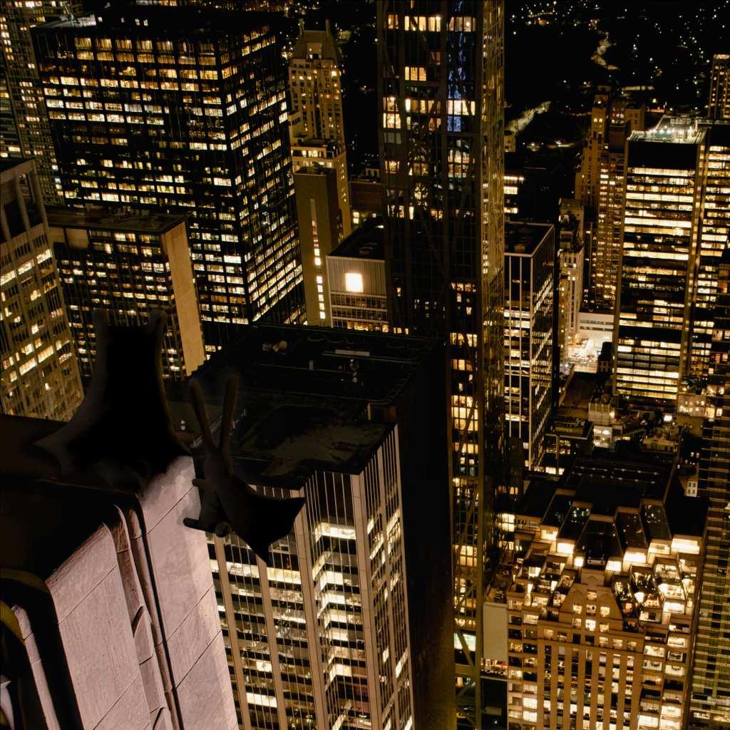 Bun&Beary disguised as Batman, on top of the Rock, at the Rockefeller Center, looking over New York City, protecting it.