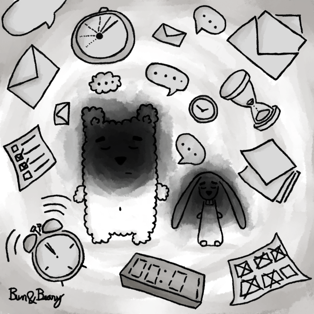 Bun and Beary hit by deadlines, tasks, mails, discussions and are burned out.