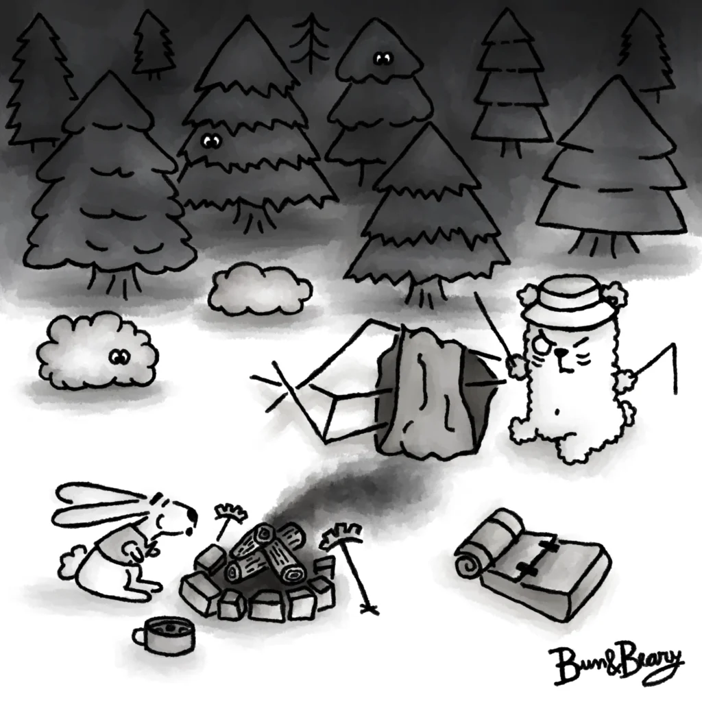 Bun and Beary went camping. Beary trying to assemble a tent. Bun trying to light up a fire.