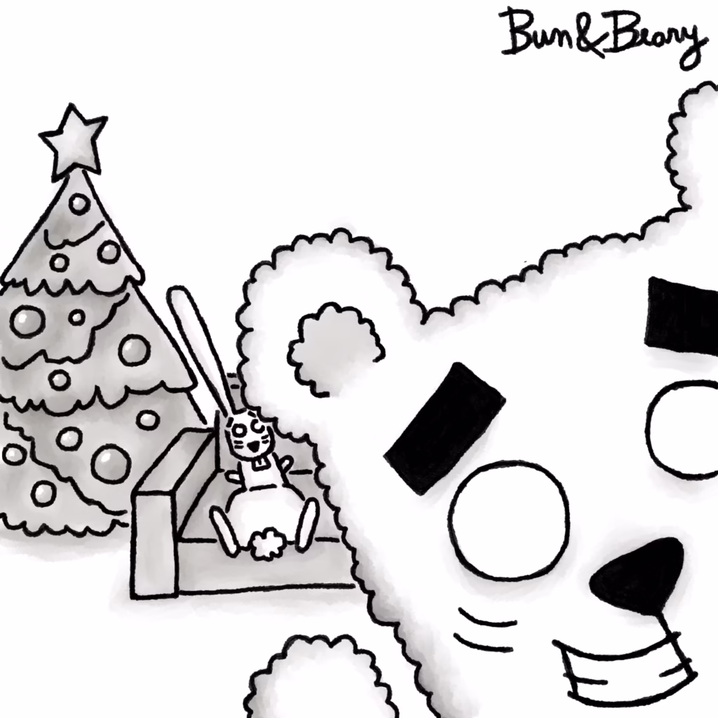 Bun&Beary taking a selfie. Beary in the front of the camera, while Bun sitting laid back on the couch behind. A Christmas Tree in the background.