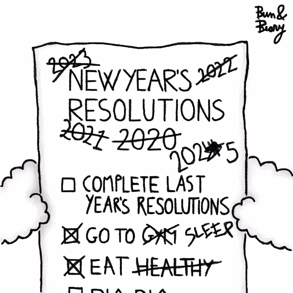Beary holding up a list of new year resolutions.