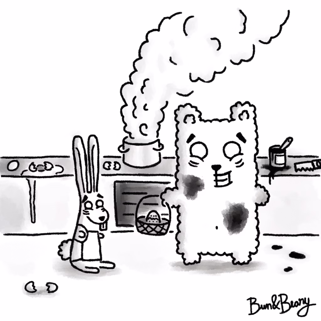 Black and white Easter comic illustration featuring Bun the bunny and Beary the bear in a chaotic kitchen, with a steaming pot, broken eggs, and a basket of painted Easter eggs, capturing the funny side of holiday preparation with family.