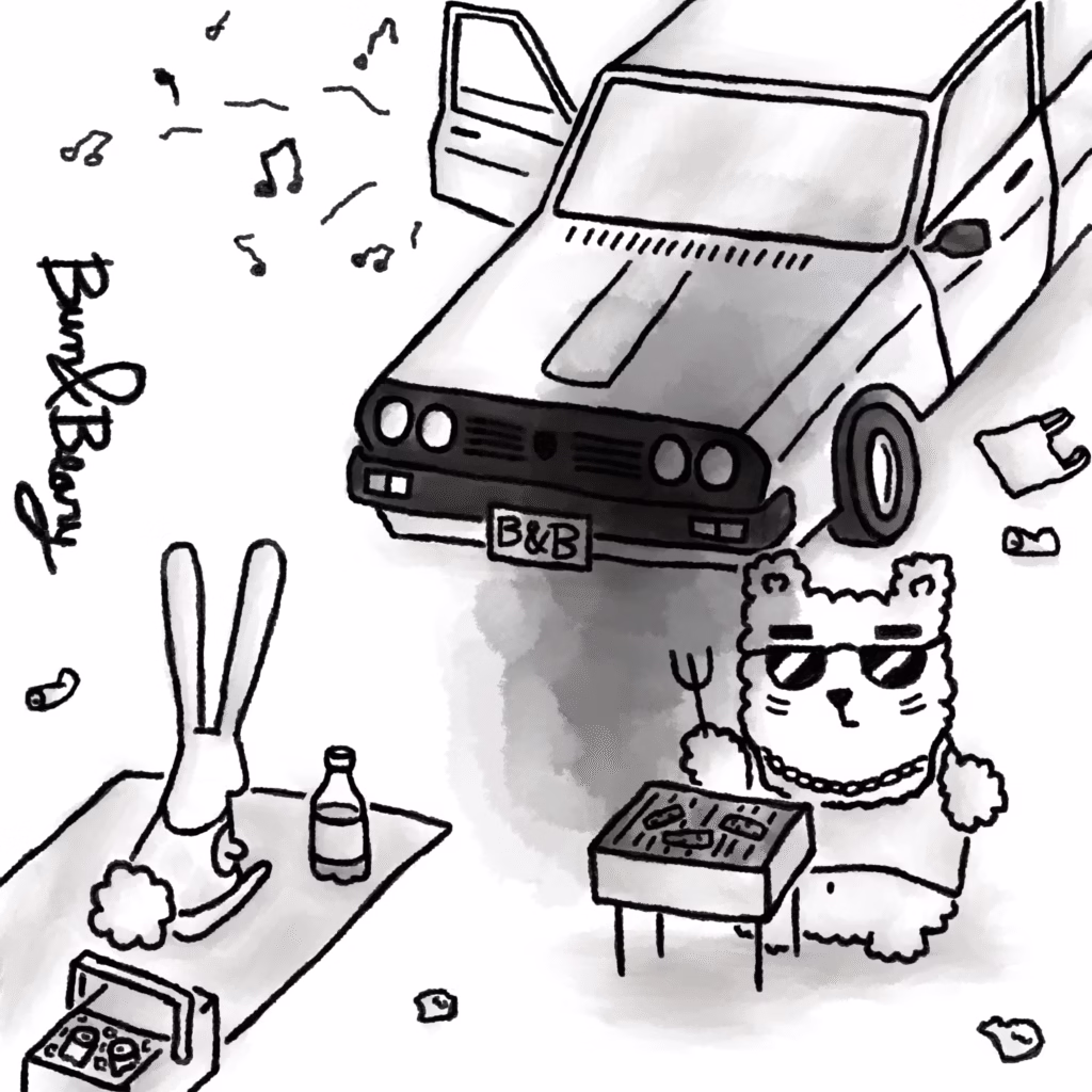 A black-and-white cartoon featuring Bun and Beary celebrating 1st of May in Romanian style—picnic blanket, grill with mici, beer bottle, blasting music from a retro car, and a humorous reminder not to litter.