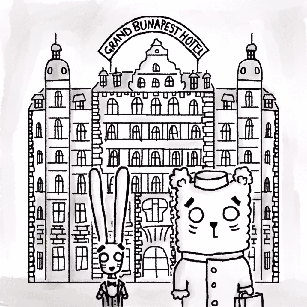 Black and white comic-style illustration of Bun and Beary standing in front of a grand hotel building labeled "Grand Bunapest Hotel." Bun wears a bow tie, while Beary is dressed as a bellhop, holding a suitcase. The architecture behind them is ornate and symmetrical, referencing the iconic visual style of The Grand Budapest Hotel.