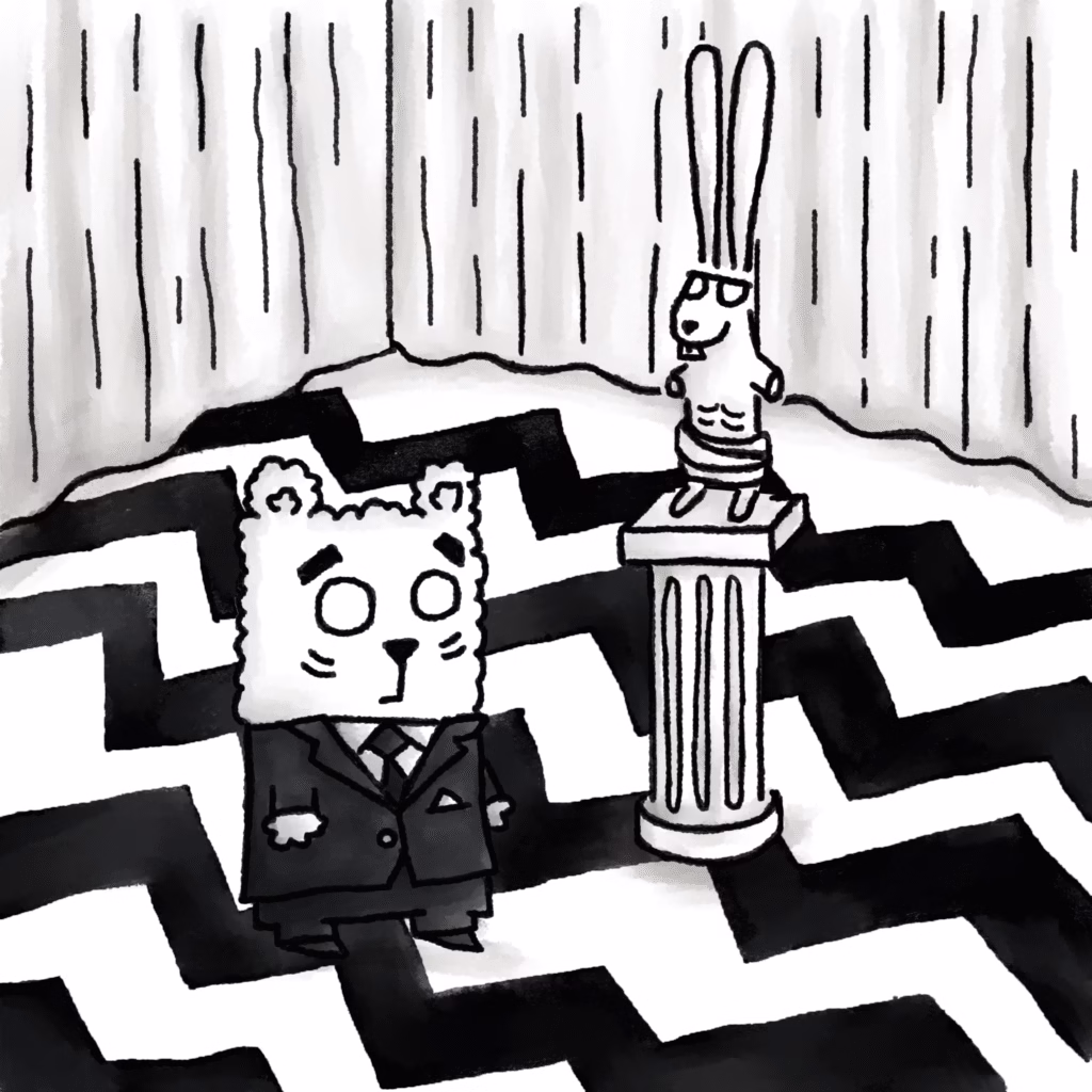 Black and white comic-style illustration of Beary standing in a surreal zigzag-patterned room, inspired by Twin Peaks. Bun is perched statue-like on a classical pedestal, while Beary looks confused in a dark suit. The background features flowing curtains and a disorienting black-and-white floor pattern, evoking the iconic Red Room.
