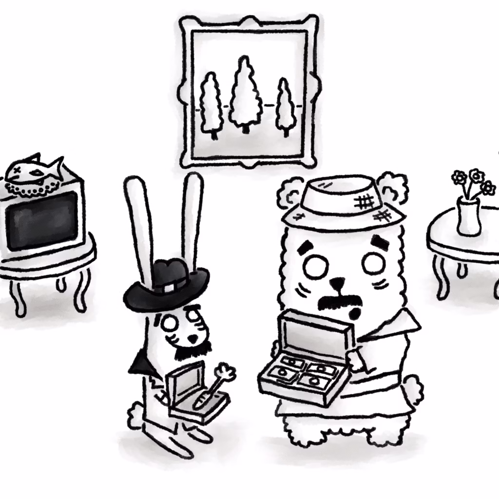 Black and white cartoon drawing of Bun and Beary reenacting a scene from Nea Mărin Miliardar. Bun, dressed is holding an open suitcase with a carrot inside. Beary, in a traditiona suit and hat, looks surprised while holding a suitcase full of cash. They’re standing in a vintage living room with a lace-covered TV, framed painting, and side table with a vase of flowers.